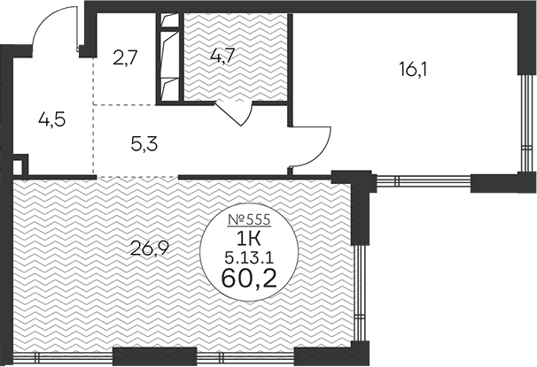 Планировка евродвушка (2Е) 60.2 м² в ЖК «Клубный квартал КРЫЛАТСКАЯ 33», корпус 2