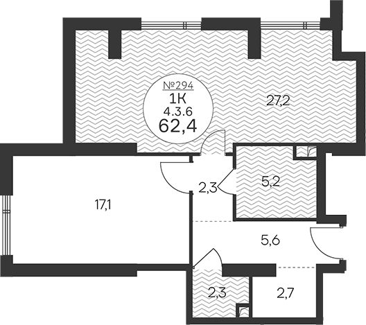 Планировка евродвушка (2Е) 62.4 м² в ЖК «Клубный квартал КРЫЛАТСКАЯ 33», корпус 2