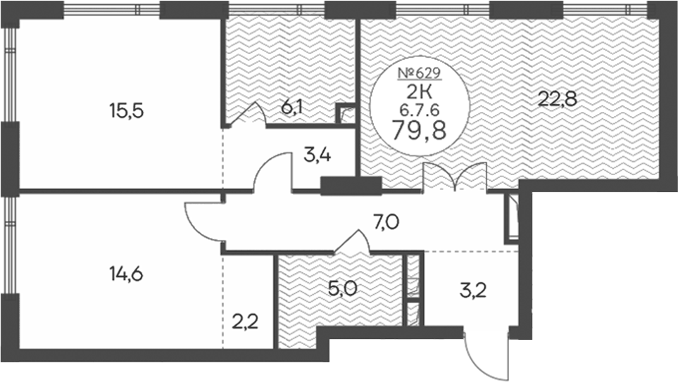 Планировка двухкомнатная 79.8 м² в ЖК «Клубный квартал КРЫЛАТСКАЯ 33», корпус 3