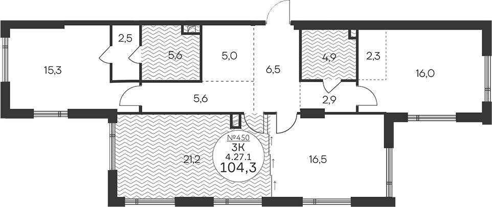 Планировка трёхкомнатная 104.3 м² в ЖК «Клубный квартал КРЫЛАТСКАЯ 33», корпус 2