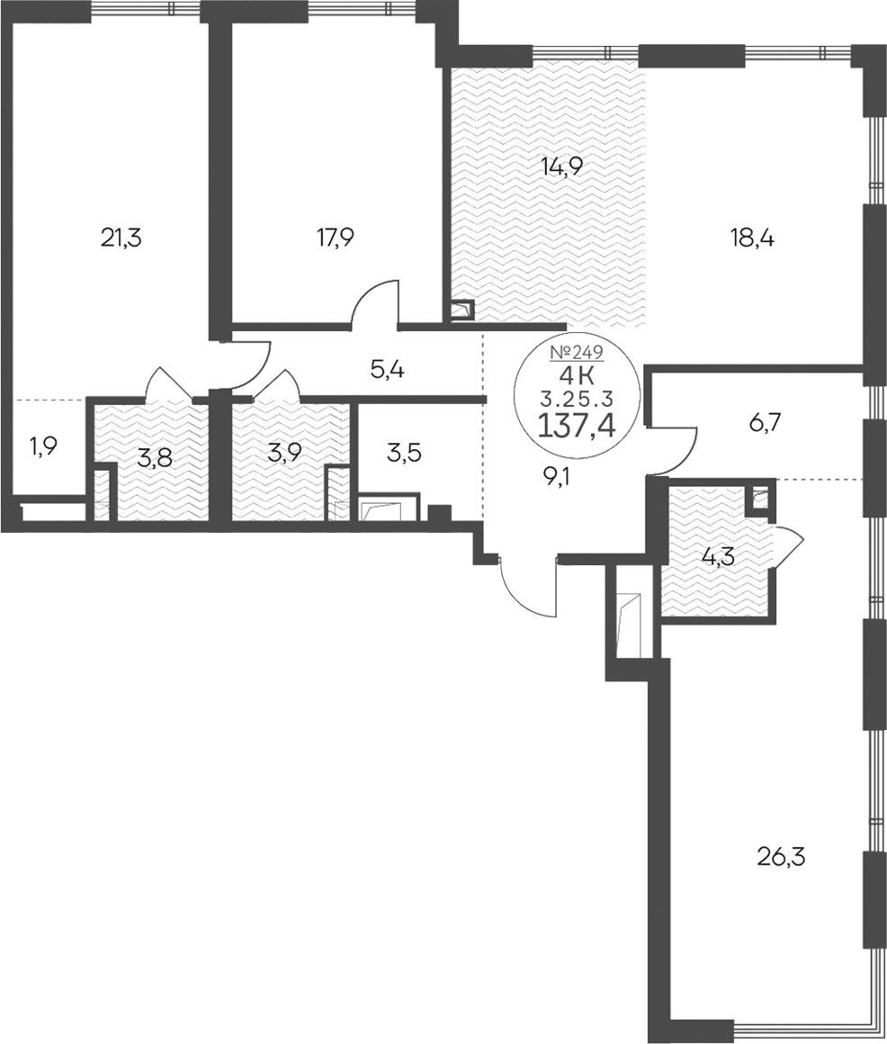Планировка четырёхкомнатная 137.4 м² в ЖК «Клубный квартал КРЫЛАТСКАЯ 33», корпус 1