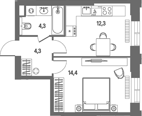 Планировка однокомнатная 35.3 м² в ЖК «КОД Сокольники», корпус 2.2