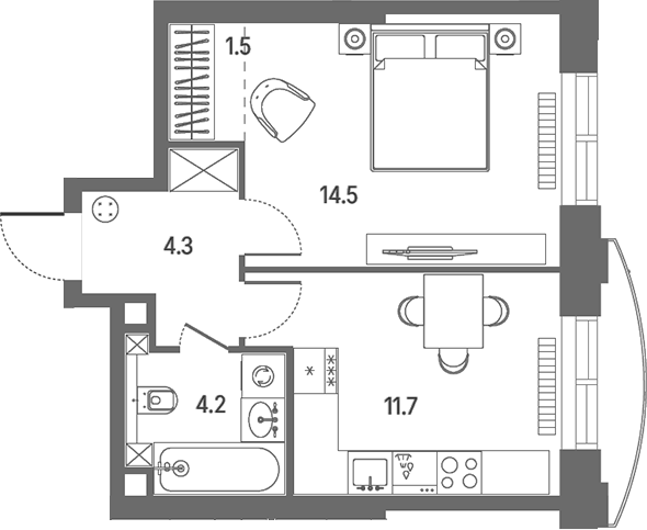 Планировка однокомнатная 36.2 м² в ЖК «КОД Сокольники», корпус 2.2