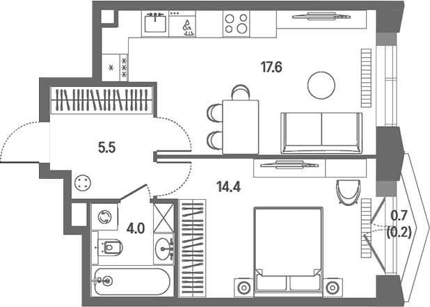 Планировка евродвушка (2Е) 41.7 м² в ЖК «КОД Сокольники», корпус 2.1