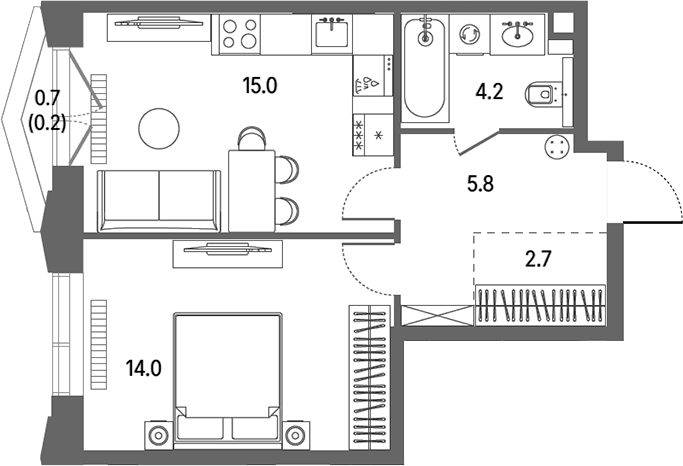 Планировка евродвушка (2Е) 42.4 м² в ЖК «КОД Сокольники», корпус 2.1