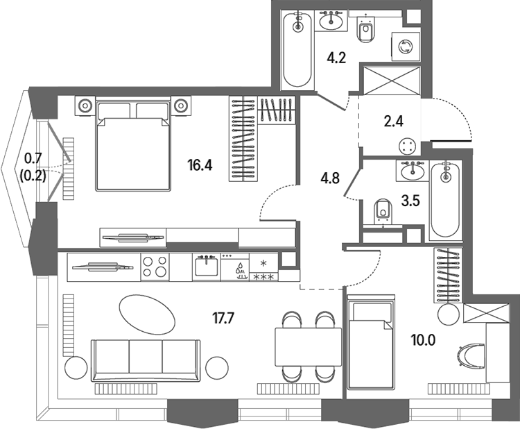 Планировка евротрёшка (3Е) 59.7 м² в ЖК «КОД Сокольники», корпус 2.1