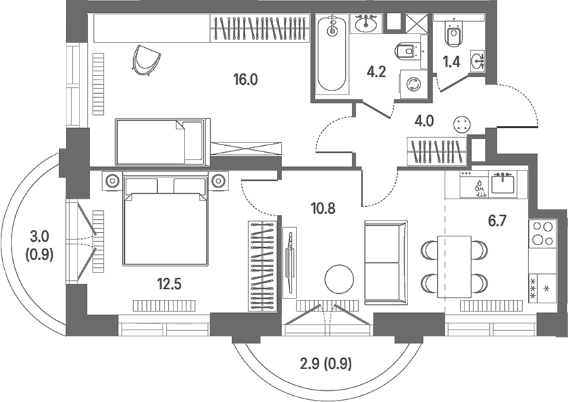 Планировка евротрёшка (3Е) 61.5 м² в ЖК «КОД Сокольники», корпус 2.2
