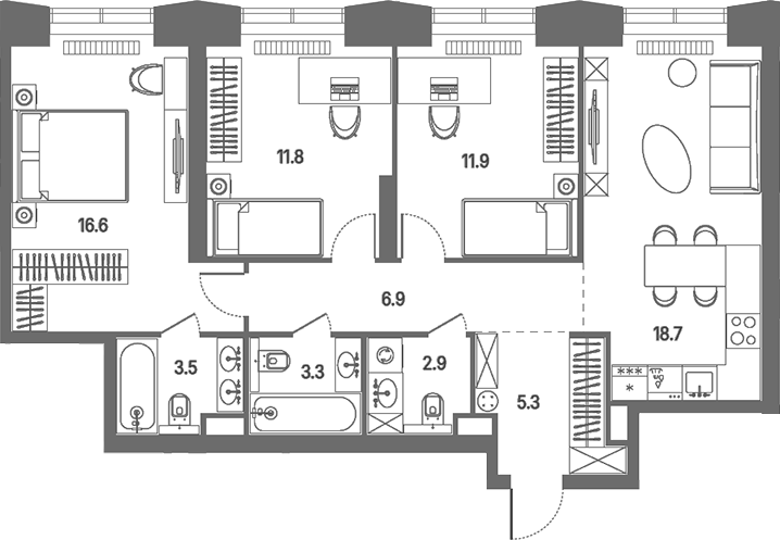 Планировка евро-4 (4Е) 80.9 м² в ЖК «КОД Сокольники», корпус 2.1