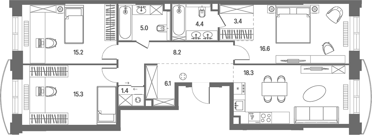 Планировка евро-4 (4Е) 93.9 м² в ЖК «КОД Сокольники», корпус 2.2