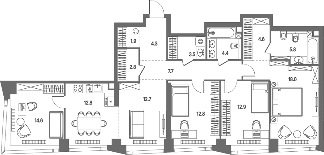 Планировка 5Е-к.кв 118.8 м² в ЖК «КОД Сокольники», корпус 2.2