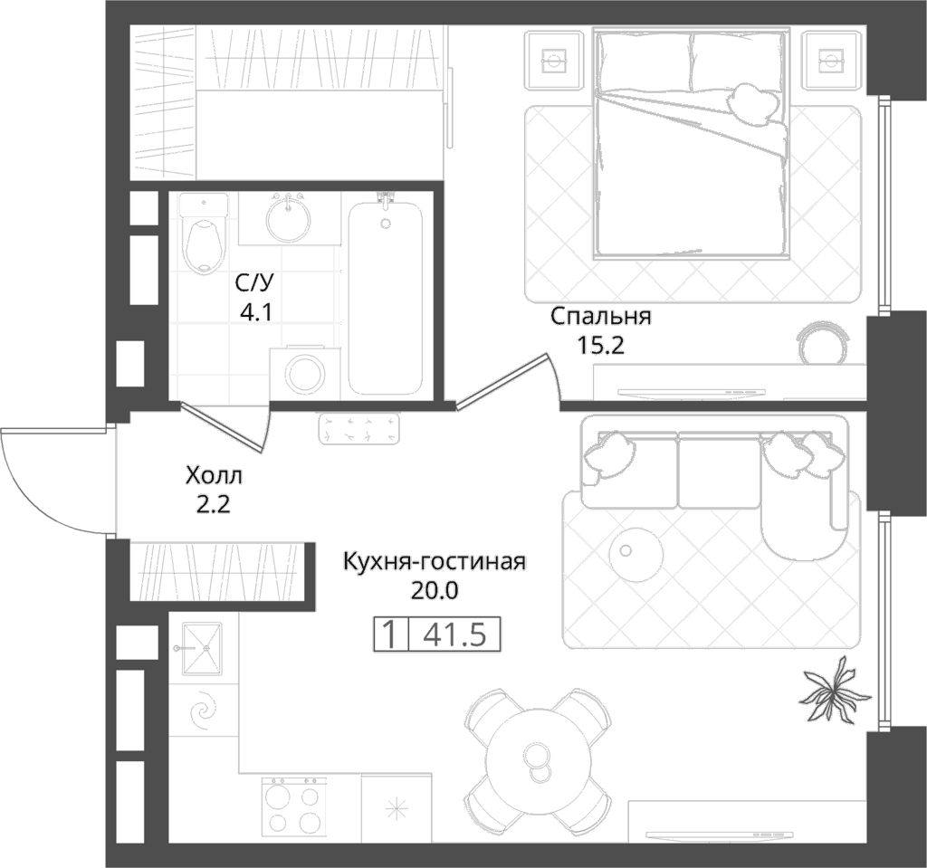 Планировка однокомнатная 41.5 м² в ЖК «Коллекция», корпус 9.1