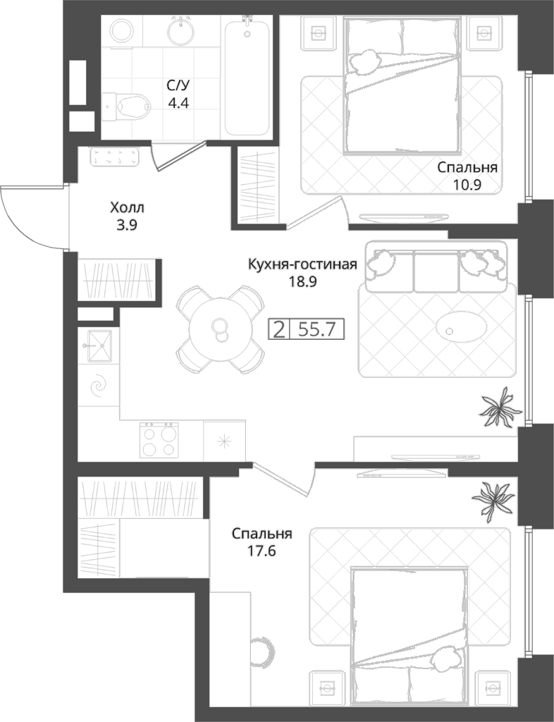 Планировка двухкомнатная 55.7 м² в ЖК «Коллекция», корпус 9.1