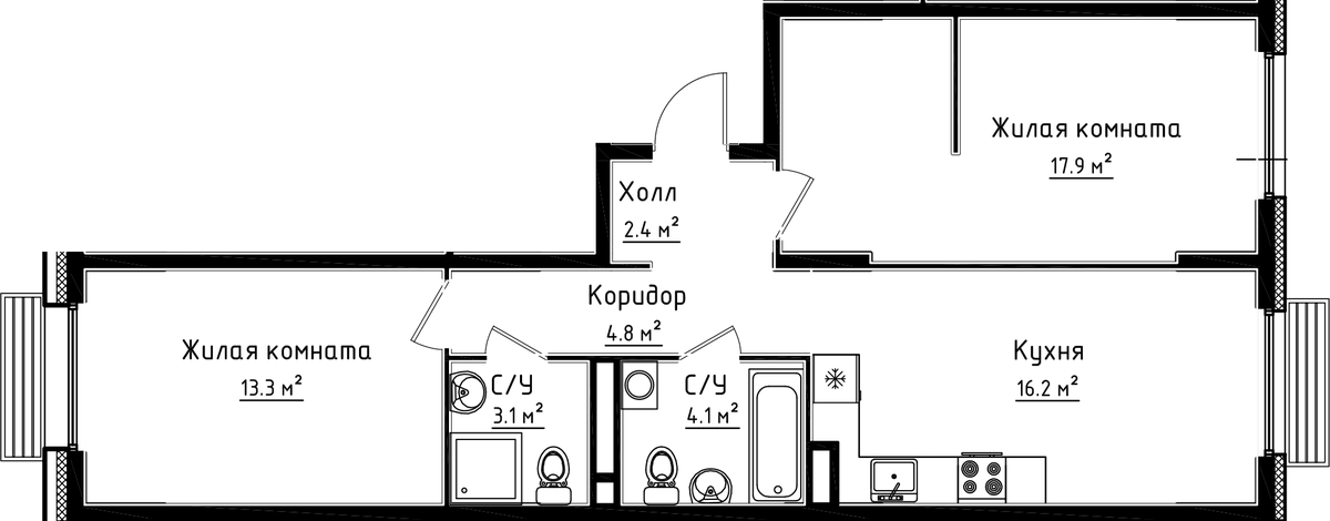 Планировка двухкомнатная 61.8 м² в ЖК «Коллекция», корпус 9.1