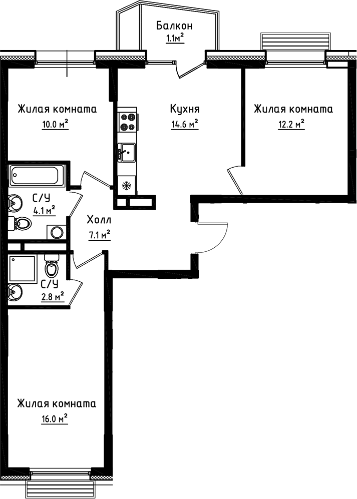 Планировка трёхкомнатная 67.9 м² в ЖК «Коллекция», корпус 9.1