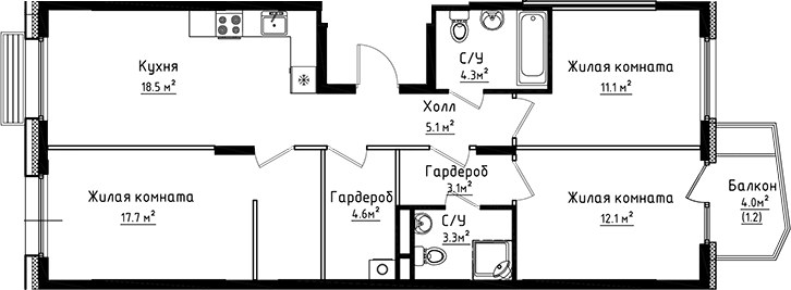 Планировка трёхкомнатная 80.9 м² в ЖК «Коллекция», корпус 15.1