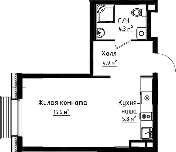 Планировка Студии 30.6 м² в ЖК «Коллекция», корпус 9.1