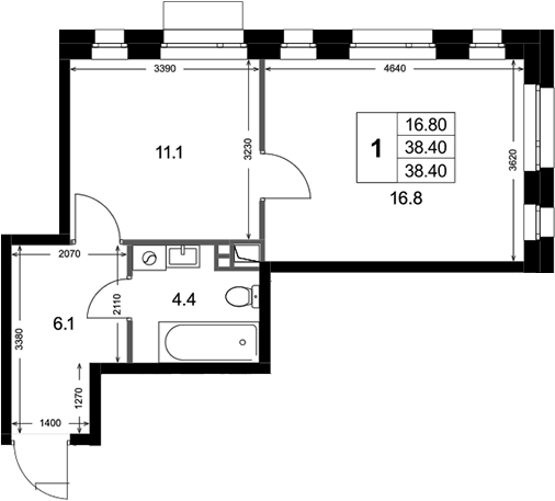 Планировка однокомнатная 38.4 м² в ЖК «Кореневский Форт 2.3 », корпус 2.2