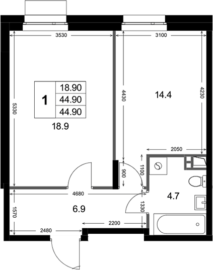 Планировка однокомнатная 44.9 м² в ЖК «Кореневский Форт 2.3 », корпус 2.1