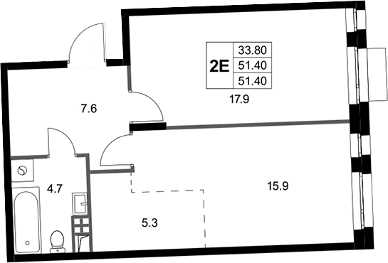 Планировка евродвушка (2Е) 51.4 м² в ЖК «Кореневский Форт 2.3 », корпус 2.1