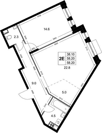 Планировка евродвушка (2Е) 58.2 м² в ЖК «Кореневский Форт 2.3 », корпус 2.2