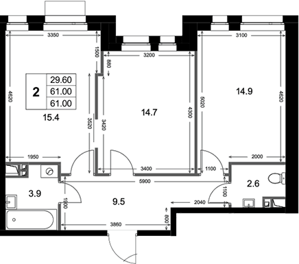 Планировка двухкомнатная 61 м² в ЖК «Кореневский Форт 2.3 », корпус 2.2