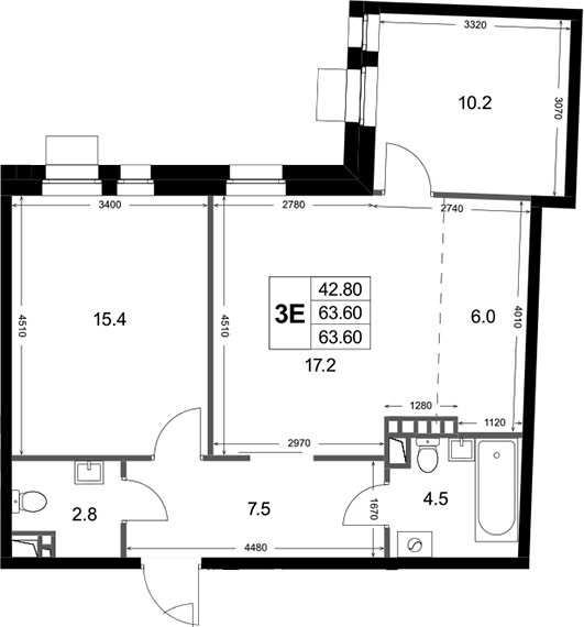 Планировка евротрёшка (3Е) 63.6 м² в ЖК «Кореневский Форт 2.3 », корпус 2.1