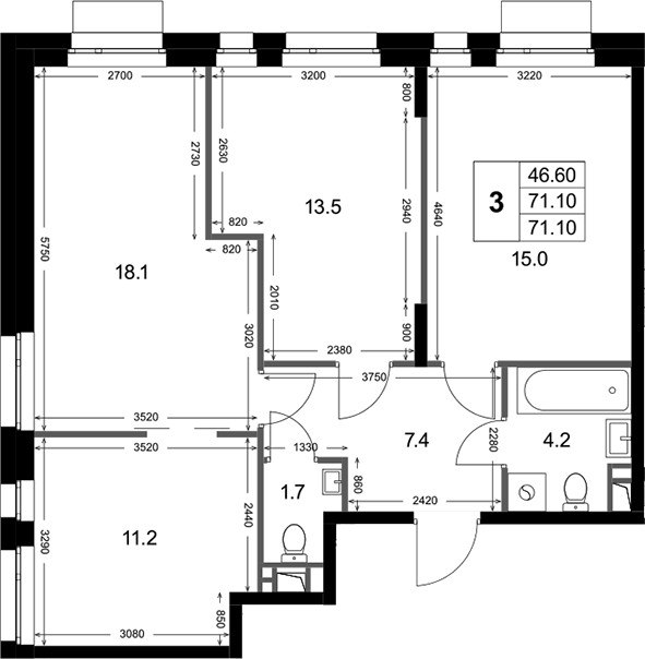 Планировка трёхкомнатная 71.1 м² в ЖК «Кореневский Форт 2.3 », корпус 2.1