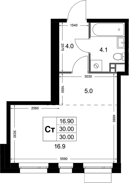 Планировка Студии 30 м² в ЖК «Кореневский Форт 2.3 », корпус 2.2