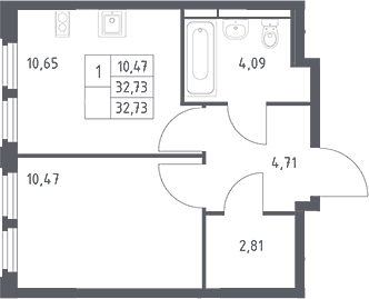 Планировка однокомнатная 32.73 м² в ЖК «Космический Квартал», корпус 1