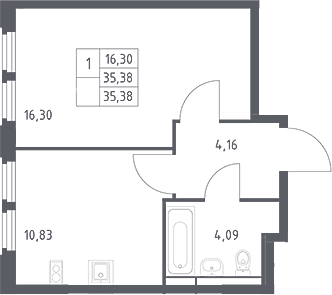 Планировка однокомнатная 35.38 м² в ЖК «Космический Квартал», корпус 1