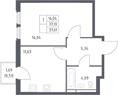 Планировка однокомнатная 37.61 м² в ЖК «Космический Квартал», корпус 1
