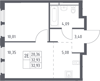 Планировка евродвушка (2Е) 32.93 м² в ЖК «Космический Квартал», корпус 1