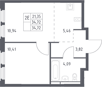 Планировка евродвушка (2Е) 34.72 м² в ЖК «Космический Квартал», корпус 1