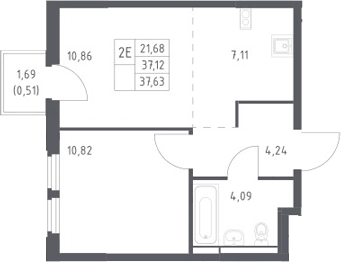 Планировка евродвушка (2Е) 37.63 м² в ЖК «Космический Квартал», корпус 1