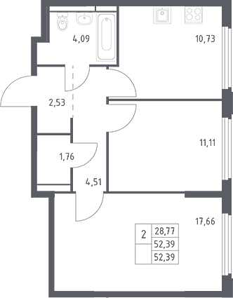 Планировка двухкомнатная 52.39 м² в ЖК «Космический Квартал», корпус 1
