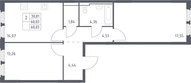Планировка двухкомнатная 60.03 м² в ЖК «Космический Квартал», корпус 1