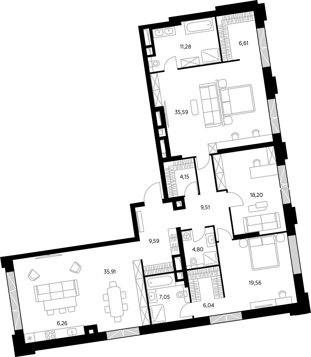 Планировка евро-4 (4Е) 174.7 м² в ЖК «Космо 4/22», корпус Сад