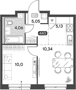 Планировка однокомнатная 34.58 м² в ЖК «Космопарк», корпус 3.2