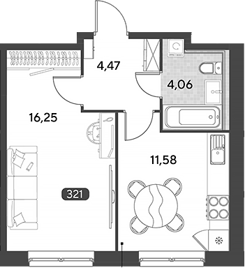 Планировка однокомнатная 36.36 м² в ЖК «Космопарк», корпус 3.2
