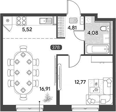 Планировка евродвушка (2Е) 44.09 м² в ЖК «Космопарк», корпус 3.2
