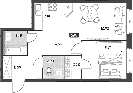 Планировка евродвушка (2Е) 47.33 м² в ЖК «Космопарк», корпус 3.2
