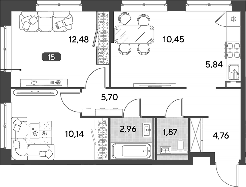 Планировка евротрёшка (3Е) 54.2 м² в ЖК «Космопарк», корпус 3.2
