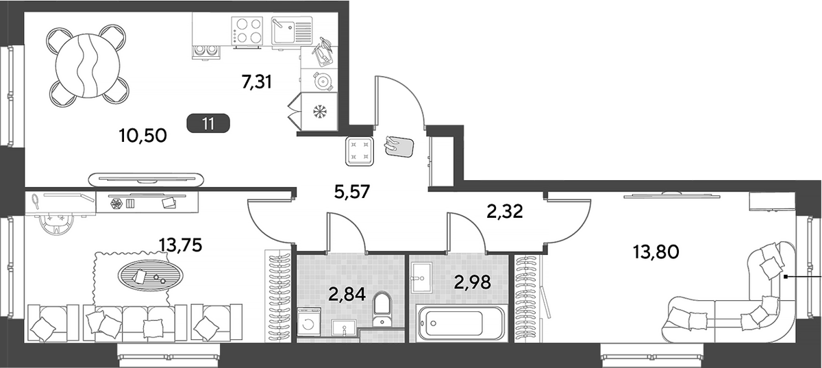 Планировка евротрёшка (3Е) 59.07 м² в ЖК «Космопарк», корпус 3.2