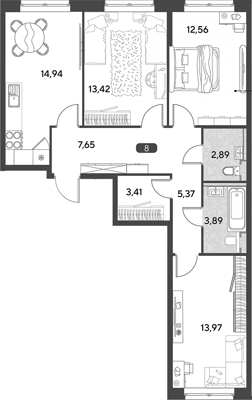Планировка трёхкомнатная 78.1 м² в ЖК «Космопарк», корпус 3.2