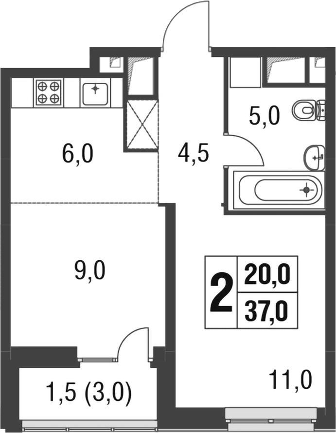 Планировка евродвушка (2Е) 37 м² в ЖК «Новые котельники», корпус 13
