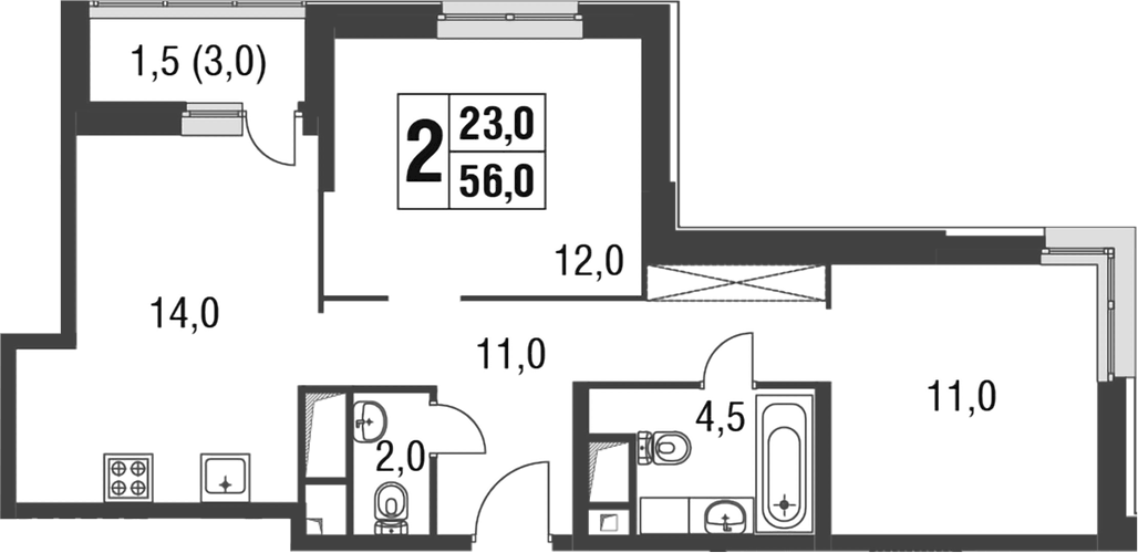 Планировка двухкомнатная 56 м² в ЖК «Новые котельники», корпус 13