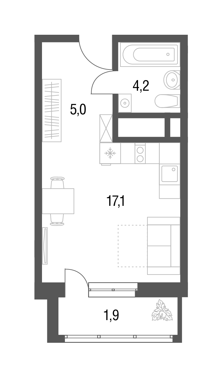 Планировка Студии 28.1 м² в ЖК «Новые котельники», корпус 10