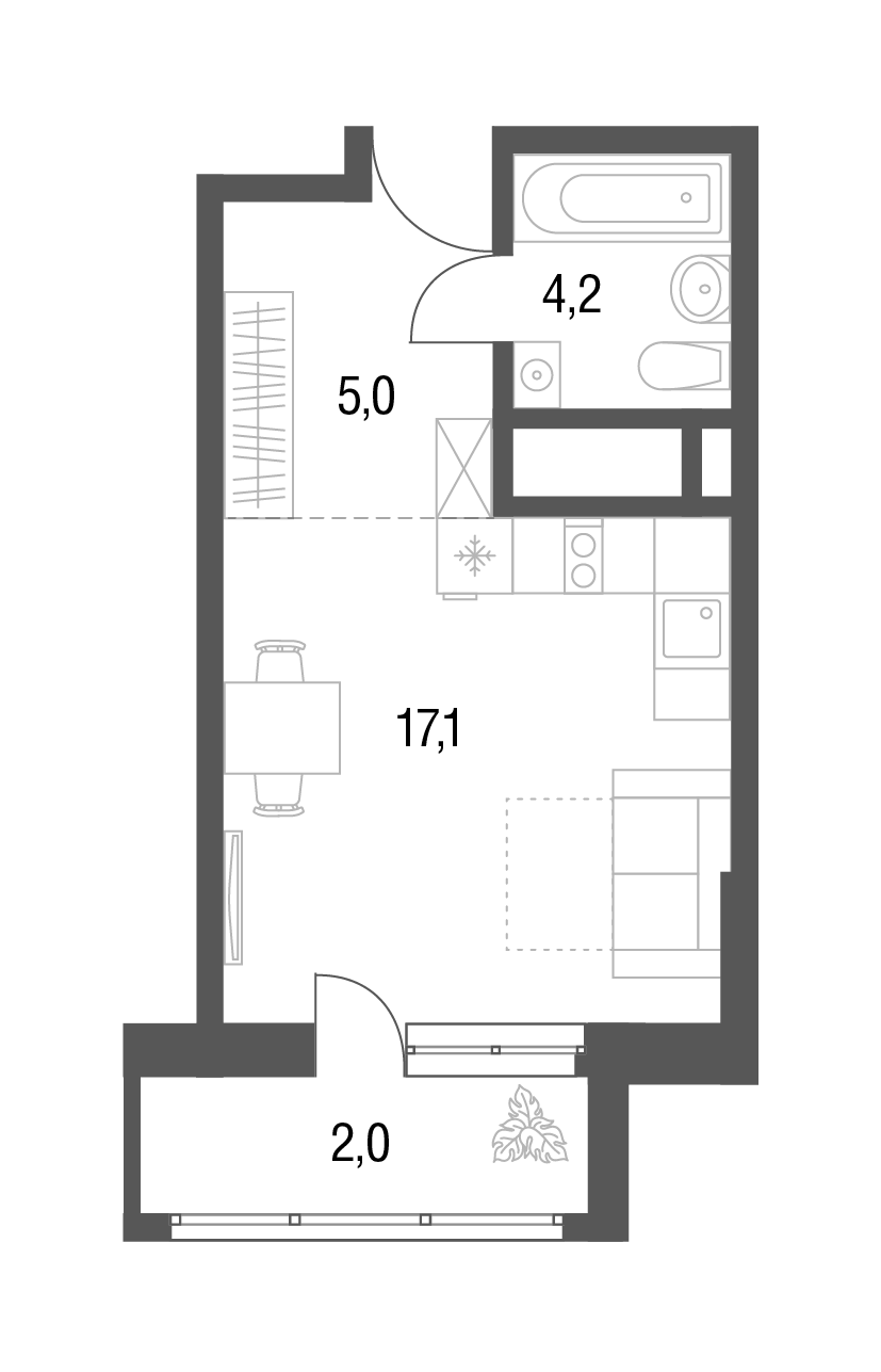 Планировка Студии 28.2 м² в ЖК «Новые котельники», корпус 10