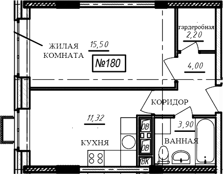 Планировка однокомнатная 36.9 м² в ЖК «Краснофлотский», корпус 1