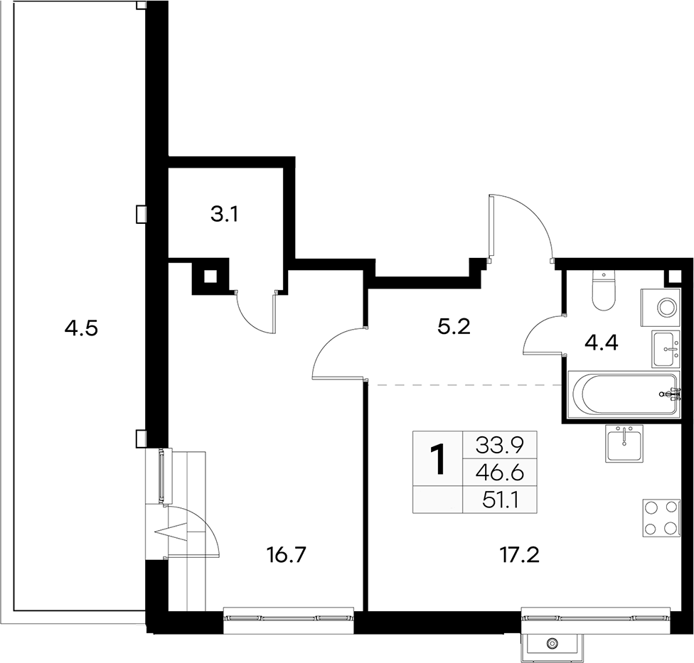 Планировка евродвушка (2Е) 51.1 м² в ЖК «Куркино 15», корпус 2